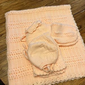 Handmade infant/toddler blanket, sweater and Bonnet. Bright peach. Never used